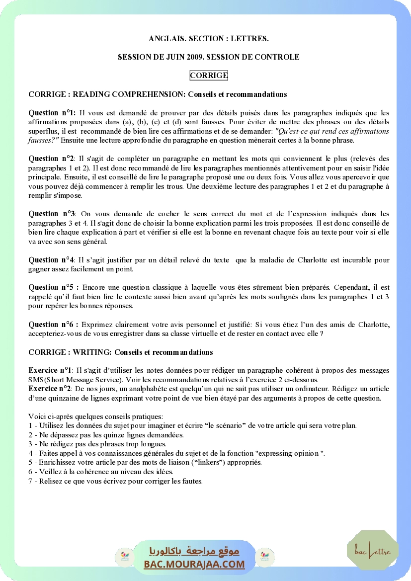 Corrigé controle anglais Bac 2009 – Section lettre